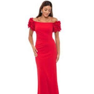 Bright Red Xscape Women's Scuba Crepe Ruffled Off Shoulder Dress Sz 16 Petite